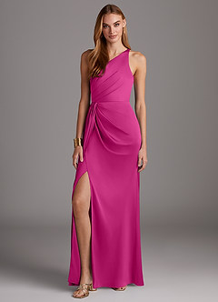 Azazie Mika Vestidos de damas de honor Vestido de Fucsia de Satén Elástico de Corte Recto con Hombro unilateral image3