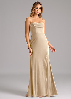 Azazie Saige Bridesmaid Dresses Champagne Sheath Off the Shoulder Velvet Convertible Dress image4