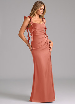 Azazie Jessamine Bridesmaid Dresses Salmon Pink Sheath Corset Stretch Satin Dress image4