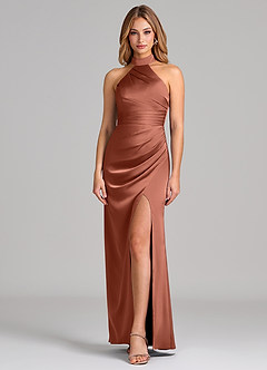 Azazie Karlotta 신부 들러리 드레스 쉬스 주름진 스트레치 새틴 바닥 길이 드레스 image1