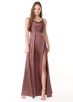 Azazie Naomie Bridesmaid Dresses Vintage Mauve A-Line Cowl Neckline Side Slit Stretch Satin Dress image1
