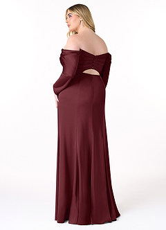 Azazie Hallie Vestidos de damas de honor Vestido de Cabernet de Satén Elástico de Corte Recto Convertible con Manga larga con hombros descubiertos image10