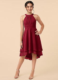 Azazie Linna Junior Burgundy A-Line Pleated Chiffon Dress image1