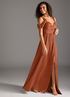 Azazie Lianne Bridesmaid Dresses Cedar Rose A-Line Off the Shoulder Stretch Satin Dress image6
