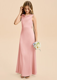 Azazie Kiki Junior Powder Pink A-Line Bow Stretch Satin Dress image5