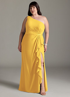 Azazie Liza Bridesmaid Dresses Marigold Mermaid One Shoulder Chiffon Dress image6