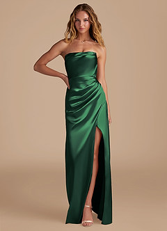 Azazie Leonis Bridesmaid Dresses Dark Green Mermaid Pleated Metallic Satin Convertible Dress image1