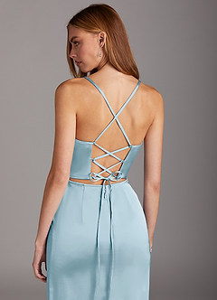 Azazie Brookelle Robes de demoiselle d'honneur Robe Fourreau en Satin extensible Corset en cœur Bleu Ciel image6