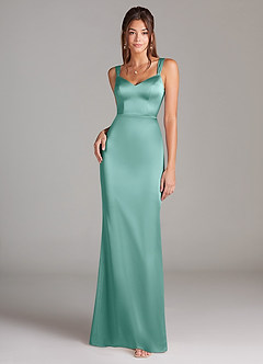 Azazie Denice Bridesmaid Dresses Aqua Sheath Pleated Stretch Satin Dress image3