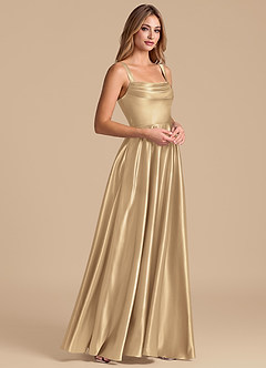 Azazie Shaude 신부 들러리 드레스 A라인 주름진 메탈릭 새틴 바닥 길이 드레스 image4