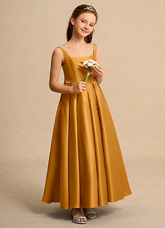 Azazie Mochi Girl Jurken voor bloemenmeisjes Baljurk Jurk van Mat Satijn Geplooid Boterbabbelaar image4