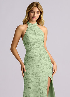 Azazie Jemma Bridesmaid Dresses Green Fern Floral Sheath Pleated Chiffon Dress image6