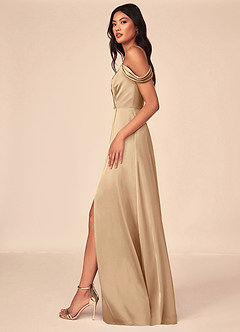 Azazie Ocean Brudtärnklänningar Klänning av A-Line i Stretch Satin V-ringad plisserad Champagne image3