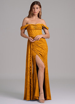 Azazie Amyra Brautjungfernkleider Wandelbar Meerjungfrau-Linie Schulterfrei Blumen-Burnout Kleid Butterscotch image3