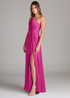 Azazie Brooke Bridesmaid Dresses Fuchsia A-Line One Shoulder Stretch Satin Dress image11