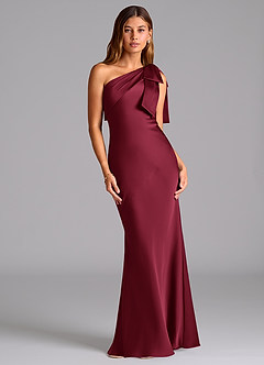 Azazie Yuanna Bridesmaid Dresses Burgundy Mermaid One Shoulder Stretch Satin Dress image1