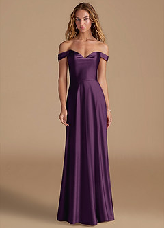 Azazie Jackalin Bridesmaid Dresses Plum A-Line Off the Shoulder Metallic Satin Convertible Dress image1