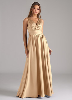 Azazie Kora Bridesmaid Dresses Champagne A-Line Pleated Stretch Satin Dress image1