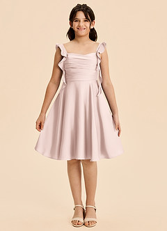 Azazie Kira Junior Blushing Pink A-Line Ruched Stretch Satin Dress image1