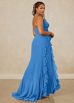 Christian Siriano Bridal for Azazie 1006 Probar vestidos en casa Vestido de Azul Grisaceo de Gasa de Corte Sirena con Volante image9