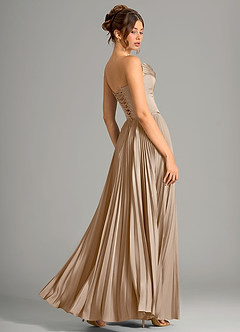 Azazie Saedra Bridesmaid Dresses Taupe A-Line Corset Stretch Satin Dress image2