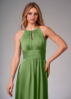 Azazie Bonnie Bridesmaid Dresses Basil A-Line Pleated Stretch Satin Dress image5