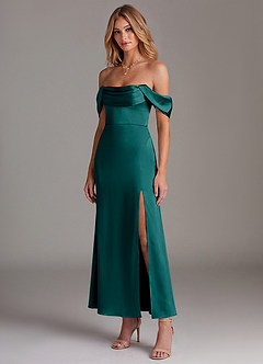 Azazie Saige Bridesmaid Dresses Peacock Mermaid Off the Shoulder Stretch Satin Dress image4