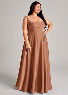 Azazie Shaude Bridesmaid Dresses Bronzer A-Line Pleated Stretch Satin Dress image10