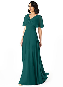 Azazie Pamela Bridesmaid Dresses Peacock A-Line V-Neck Pleated Chiffon Dress image3