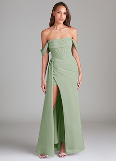 Azazie Amyra Bridesmaid Dresses Dusty Sage Sheath Off the Shoulder Chiffon Convertible Dress image1