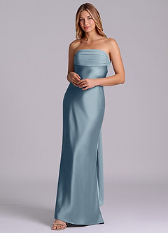 Azazie Ailanie Robes de demoiselle d'honneur Robe Fourreau en Satin extensible Sans bretelles Bleu Poussiéreux image3