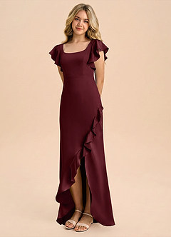 Azazie Demi Junior Cabernet Mermaid Bow Stretch Satin Dress image1