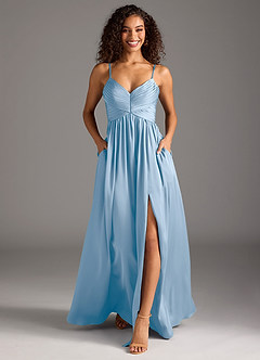 Azazie Alia Robes de demoiselle d'honneur Robe Trapèze en Satin extensible Plissé Poudre Bleue image5