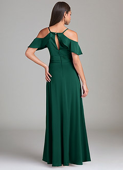 Azazie Dakota At-home Try On Dresses Emerald A-Line Off the Shoulder Stretch Satin Dress image2