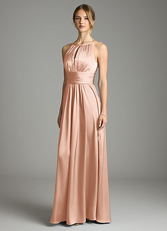 Azazie Bonnie Bridesmaid Dresses Rose Gold A-Line Pleated Stretch Satin Dress image1