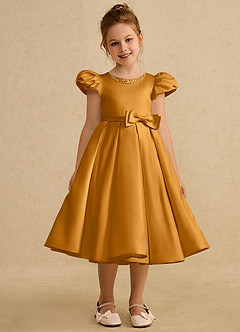Azazie Pearl Flower Girl Dresses Butterscotch Ball-Gown Pleated Matte Satin Dress image5