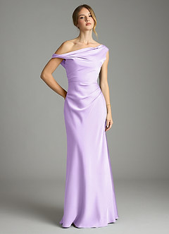 Azazie Emerson Bridesmaid Dresses Lilac Mermaid Off the Shoulder Stretch Satin Dress image1