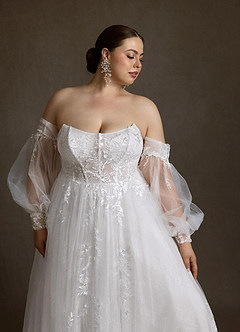 Azazie Elowyn Vestidos de novia Vestido Diamante Blanco de Encaje de Corte Princesa con Palabra de honor image6
