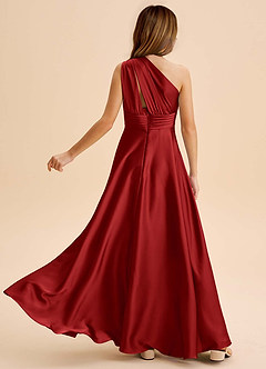 Azazie Charlize Junior Pomegranate A-Line Pleated Stretch Satin Dress image2