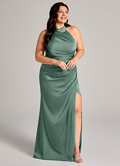 Azazie Jemma Bridesmaid Dresses Eucalyptus Sheath Pleated Stretch Satin Dress image11