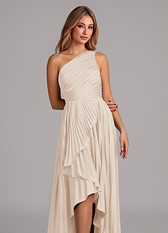 Azazie Lyrica 신부 들러리 드레스 A라인 한쪽 어깨 스트레치 새틴 비대칭 드레스 image7