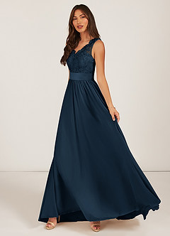 Azazie Gertrude Bridesmaid Dresses Dark Navy A-Line Lace Chiffon Dress image3