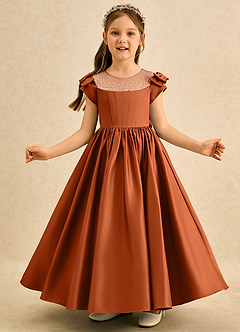 Azazie Toffee Flower Girl Dresses Burnt Orange Ball-Gown Bow Matte Satin Dress image3
