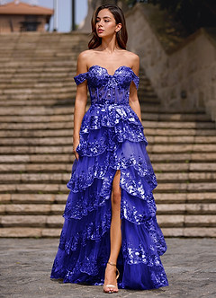 Glitz Blauw Geplooide A-lijn galajurk image3