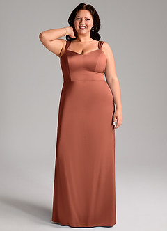 Azazie Denice Bridesmaid Dresses Clay Sheath Pleated Stretch Satin Dress image9