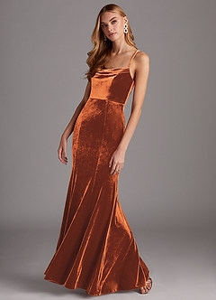 Azazie Solange Vestidos de damas de honor Vestido de Naranja Quemada de terciopelo de Corte Recto con Plisado image3