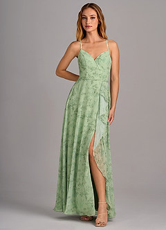 Azazie Naeem Robes de demoiselle d'honneur Robe Trapèze en Mousseline de soie Col V à volants Fougère Verte Florale image3