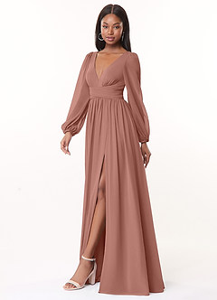Azazie Norah Bridesmaid Dresses Cedar Rose A-Line V-Neck Long Sleeve Chiffon Dress image4