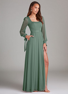 Azazie Leonia Bridesmaid Dresses Eucalyptus A-Line Long Sleeve Mesh Dress image3