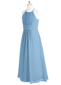 Azazie Bonnie Junior Steel Blue A-Line Pleated Chiffon Dress image7